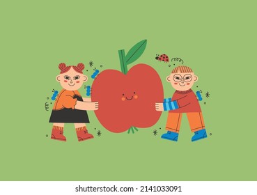 Children Carrying An Apples With The Bugs. Cute Cartoon Boy And Girl Working In The Garden. Gardening Kids.