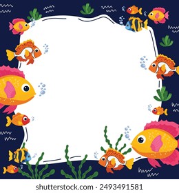 Children carton fish frame with empty space in the center. Cute pink and yellow fish in sea aquatic animals concept. For children's birthday cards, party invitations, notes.