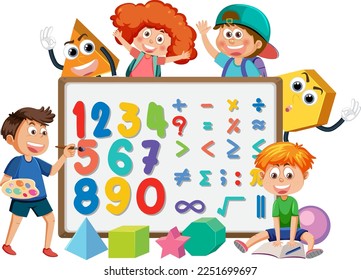 Children cartoon character with math and number theme illustration