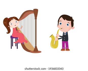 Children cartoon character playing harp and saxophone, isolated on white background