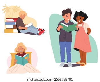 Children cartoon character reading book alone and with friend in different situation scene set. kids enjoying intellectual hobby activity at home, in library or at kindergarten vector illustration