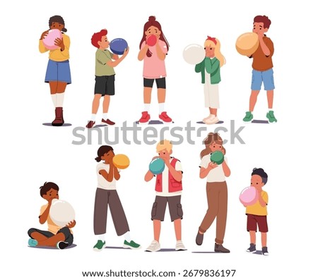 Children cartoon characters of different age blowing balloons for party or birthday isolated set on white. Preschool, preteen or teenage kids engaged in joyful atmosphere creation vector illustration
