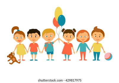 Children. Cartoon characters. Friends. Funny kids with balloons and toys.