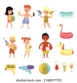 Children cartoon characters on summer pool party or beach, flat vector illustration isolated on white background. Set of kids in swimsuits and toys for water fun.