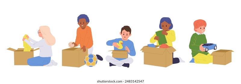 Children cartoon characters packing and unpacking cardboard boxes with different toys isolated set