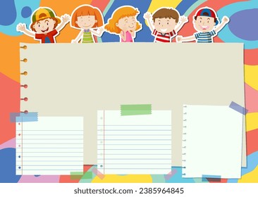 Children cartoon characters standing behind a vibrant abstract background