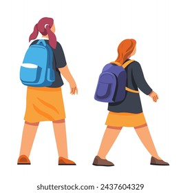 Personajes de dibujos animados de niños con uniforme escolar con mochila o bolso caminando a la institución de educación primaria o media. Alumnos o estudiantes, niños, amigos o compañeros de clase. Vector en estilo plano