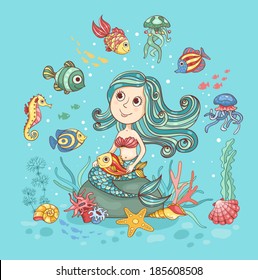 Children cartoon illustration with mermaid. Cute vector card.