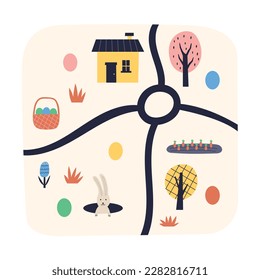 Children cartoon map Easter Village. Happy Easter holiday concept for egg hunt design, print, social media, poster, postcard. Modern Flat Style