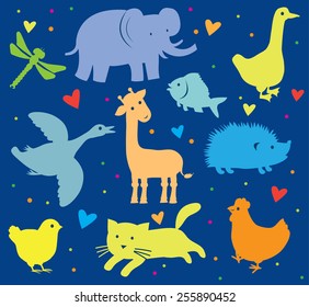 Children Cartoon Pattern. Colored Animals Silhouettes. Vector Illustrations Birds, Fish, Elephant, Goose, Giraffe, Fish, Urchin, Duck, Chicken, Cat, Dragonfly. Cartoon Kids Color  Animals Silhouettes.