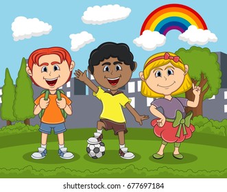 Children cartoon playing at the park cartoon vector illustration