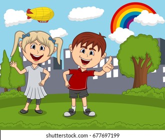 Children cartoon playing at the park cartoon vector illustration