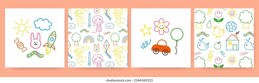Children cartoon seamless pattern, square card doodle style set. Kid art collection cute animal characters, nature, playful elements. Vector illustration on white background