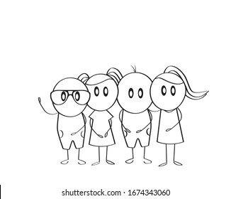 Children cartoon silhouettes, vector. Black and white kids illustration. Friends together concept. Childish Wall decals, minimalist art design, poster 