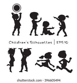 Children In Cartoon Style. Black And White Vector Silhouettes.