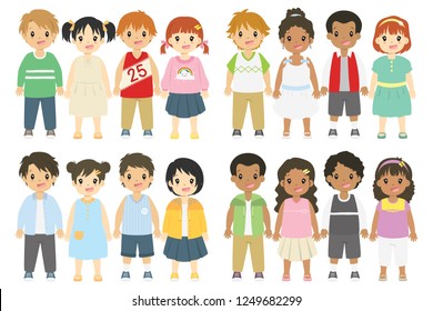 Children cartoon vector collection. Happy kids vector with different hairstyle, skin color and outfits. 