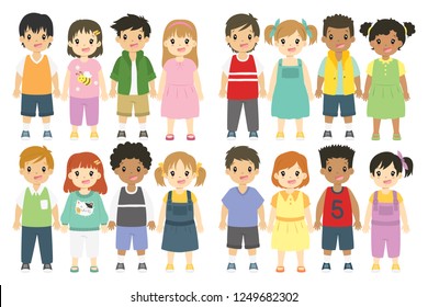 Children cartoon vector collection. Happy kids vector with different hairstyle, skin color and outfits. 