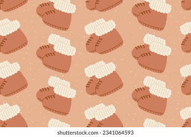 Children cartoon warm winter shoes, baby flat knitted booties or socks. Vector seamless pattern.