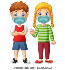 Children cartoon wear protective mask from virus. Vector illustration