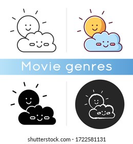 Children cartoons icon. Linear black and RGB color styles. Childish toons, animated movies and TV series. Kid friendly, positive genre. Smiling sun and cloud isolated vector illustrations