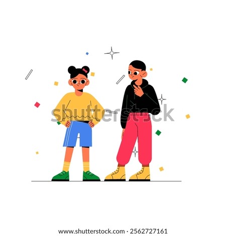 Children In Casual Clothing In Flat Vector Illustration Symbolizing Friendship, Playfulness, And Youthful Bonding, Isolated On White Background