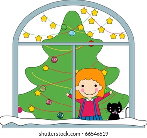 children and cat behind the window- it's snowing