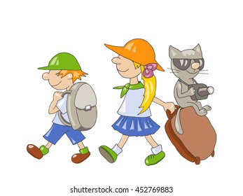Children and cat going to travel with luggage - backpack, suitcase on wheels and camera. Vector cartoon illustration.