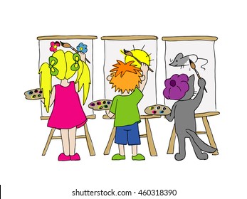 children and cat paint