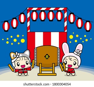 children in cat and rabbit costumes playing Japanese drums at a summer festival