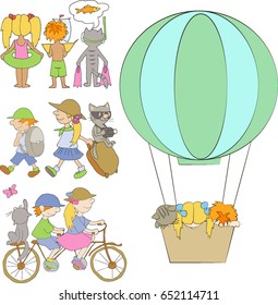 Children and cat traveling. Set of vector illustrations.