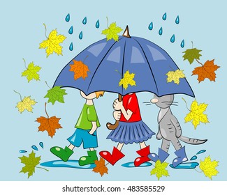 Children and cat under umbrella. Autumn design. Blue background.