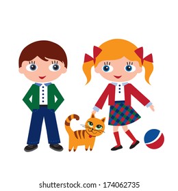 Children with cat. Vector.