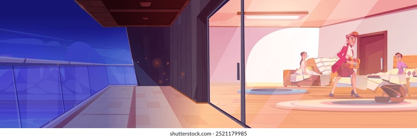 Niños atrapan ladrón enmascarado robando cofre del tesoro en el dormitorio. Ilustración de dibujos animados de Vector del criminal masculino con ropa femenina revelada mientras trata de robar la habitación, vista a través de la puerta de cristal del balcón