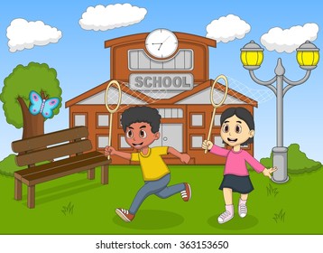 Children catching a butterfly in front of their school cartoon vector illustration