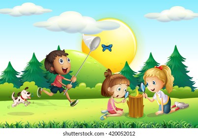 Children catching butterfly in the garden illustration