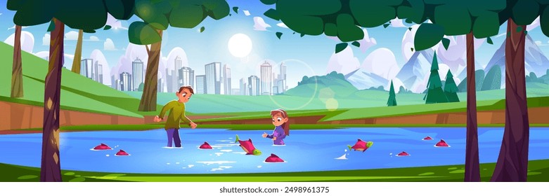 Kinder fangen Fisch in der Stadt See. Vektor-Cartoon-Illustration Teenager-Junge und kleines Mädchen spielen in Fluss Wasser, moderne Stadtlandschaft und Berge auf Hintergrund, Sommer-Abenteuer im öffentlichen Garten