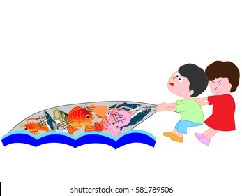 Children catching a fish with a net.