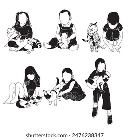 Children and cats have fun playing together