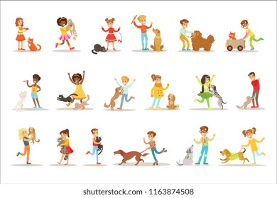 Children And Cats Illustrations Set With Kids Playing And Taking Care Of Pet Animals