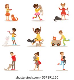Children And Cats Illustrations Set With Kids Playing And Taking Care Of Pet Animals