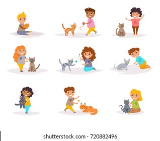 Children and cats. Vector. Cartoon. Isolated art on white background. Flat