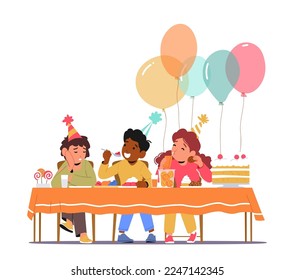 Children Celebrate Birthday with Cake and Balloons. Happy Kids Eating Sweets and Boy Boring and Avoid to Eat Sweets. Child with Food Allergy Symptoms. Character. Cartoon People Vector Illustration