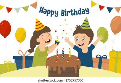 Children celebrate a birthday party. There are cakes placed on the table and gift boxes. With decorative balloons.Vector illustration.Happy birthday Background.