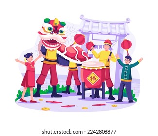 Children celebrate the Chinese Lunar new year with Lion dance performers near the temple gate with hanging lanterns. Vector illustration in flat style