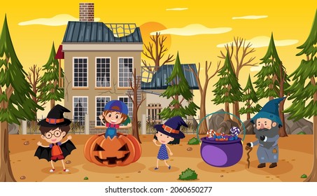Children celebrate halloween in front of old house illustration