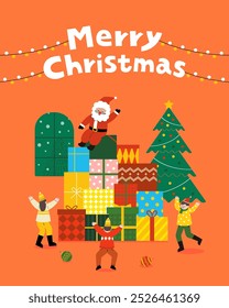 Children celebrate Merry Christmas together at home. Santa Claus sits on gifts