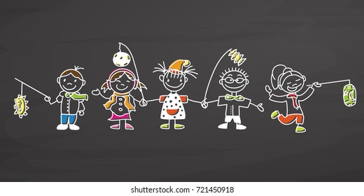 Children celebrate St Martin Day, handdrawn vector sketch, clean outlines, vintage style blackboard.