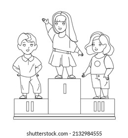Children Celebrate Victory In Competition Black Line Pencil Drawing Vector. Boy And Girl Kids Standing On Pedestal And Celebrating Victory In Sport Championship. Characters Winners In Sportive Game