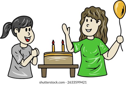 Children Celebrating Birthday with Cake and Balloon