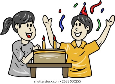 Children Celebrating Birthday with Cake and Confetti